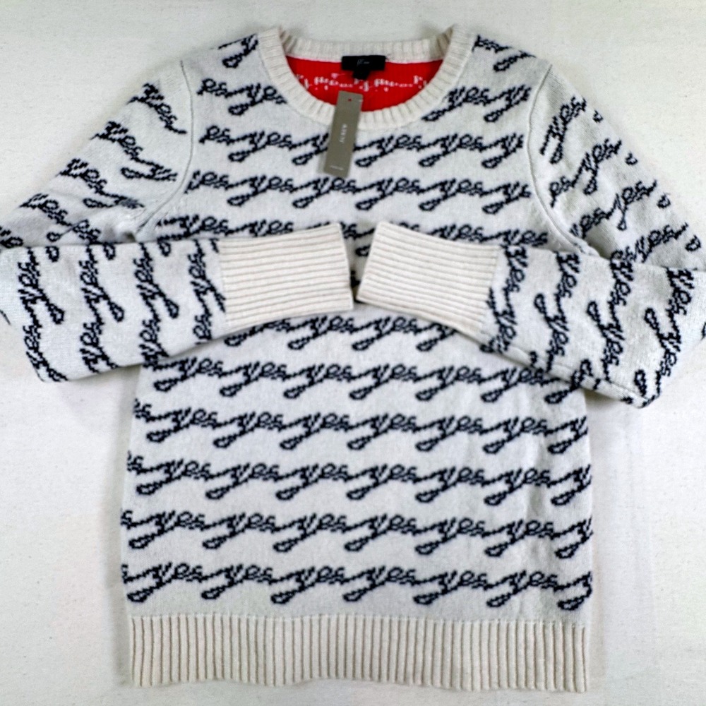 J.Crew Womens Merino Wool Blend Yes No Script Sweater Ivory K2953 Small NWT